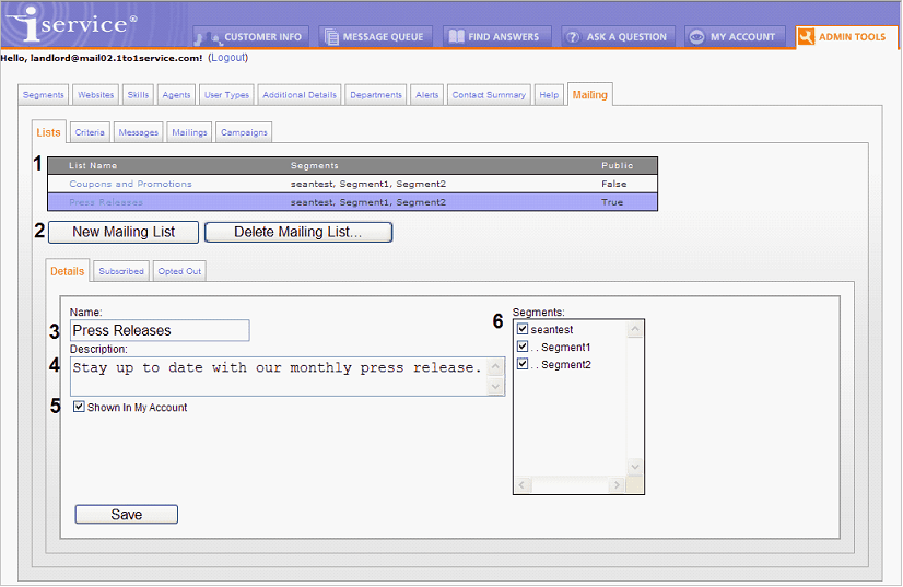 The Admin Tools - Mailing - Lists Tab The Admin Tools - Mailing - Lists Tab