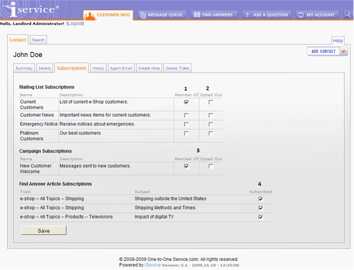 The Customer Info - Contact - Subscriptions Tab