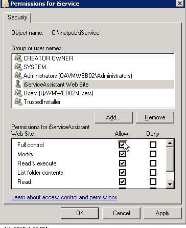 Folder permissions for the iService website