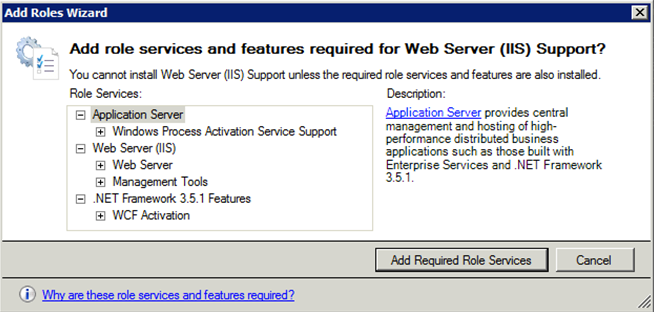 Add role services and features required for Web Server