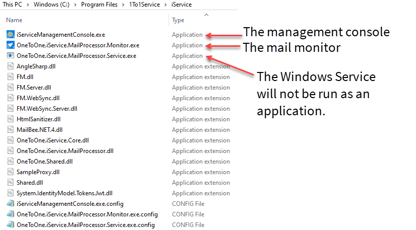 Files in the iService directory after installation