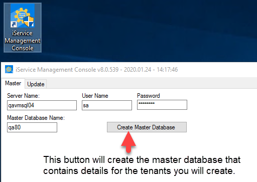 iService Management Console - Create Master Database button