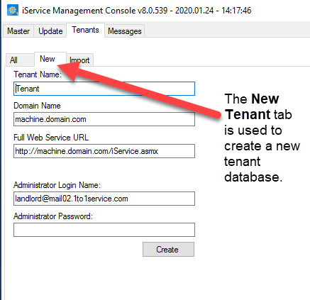 The New Tenant tab in the management console