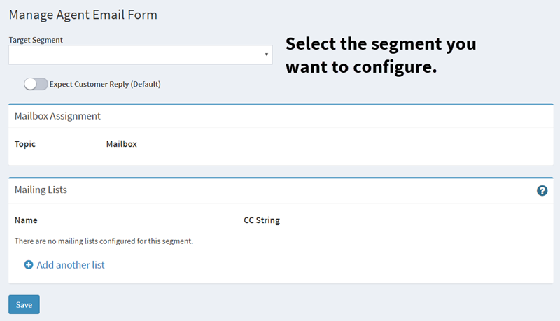 An un-configured agent email admin form