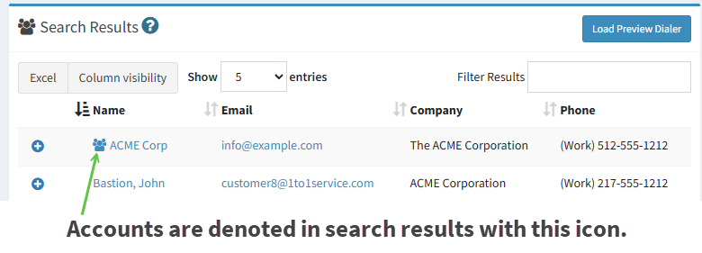 Identifying accounts in contact search results