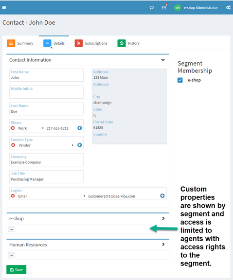 Custom contact properties are grouped by segment