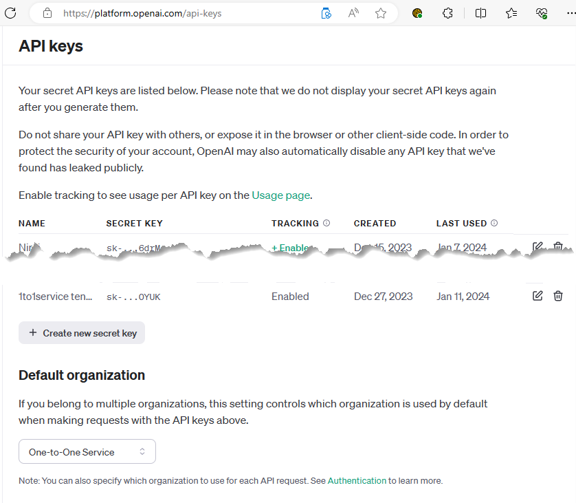 Creating a secret key for the openAI integration