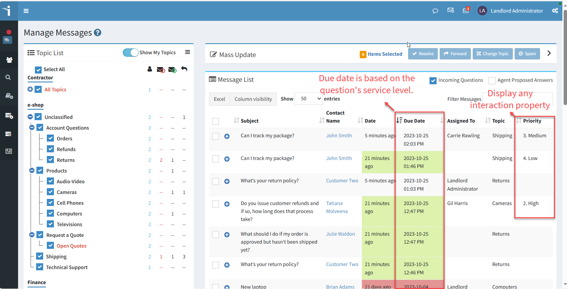 Viewing and interaction in the manage messages page