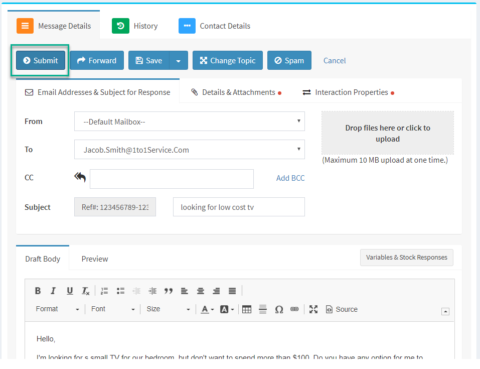 The submit button for QA CSRs