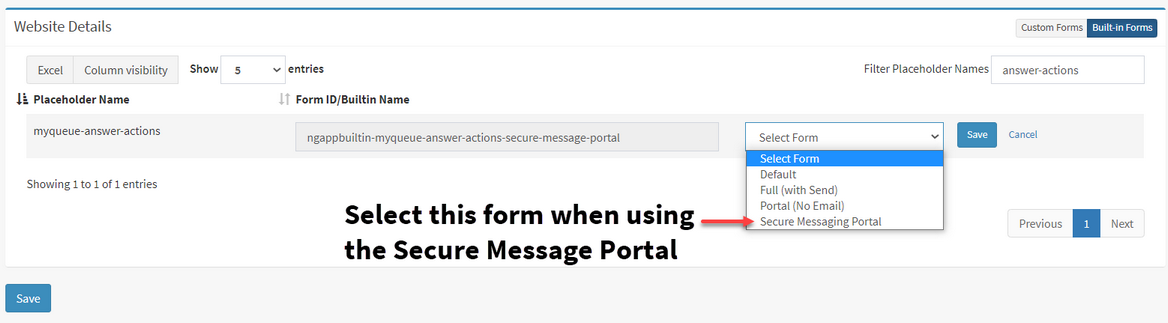 Selecting the Secure Message Portal for your answer panel
